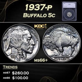 1937-p Buffalo Nickel 5c ms66+ SEGS