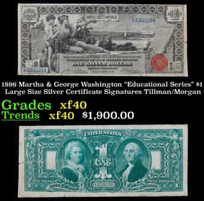 1896 $1 large size Silver Certificate Martha & George Washington "Educational Series" Grades xf