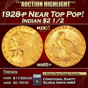 1928-p Gold Indian Quarter Eagle Near Top Pop! $2 1/2 ms65+ SEGS