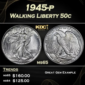 1945-p Walking Liberty Half Dollar 50c Grades ms65