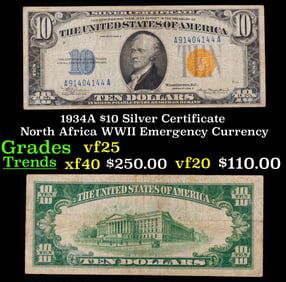 1934A $10 Silver Certificate North Africa WWII Emergency Currency Grades vf+