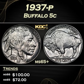 1937-p Buffalo Nickel 5c Grades ms65+