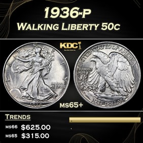 1936-p Walking Liberty Half Dollar 50c Grades ms65+