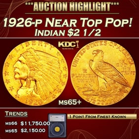 1926-p Gold Indian Quarter Eagle Near Top Pop! $2 1/2 ms65+ SEGS