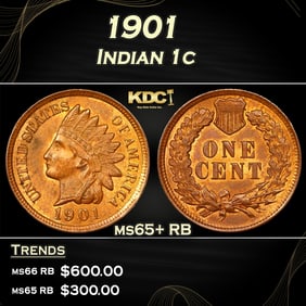 1901 Indian Cent 1c Grades ms65+ RB