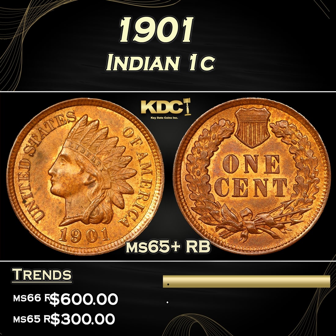 1901 Indian Cent 1c Grades ms65+ RB (1 of 3)