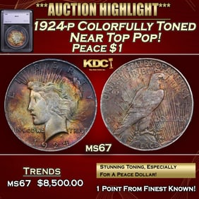 1924-p Peace Dollar Colorfully Toned Near Top Pop! $1 ms67 SEGS