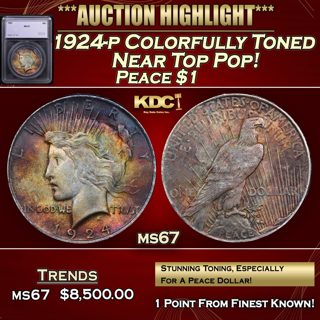 1924-p Peace Dollar Colorfully Toned Near Top Pop! $1 ms67 SEGS: 1924-p Colorfully Toned Near Top Pop! Peace Dollar $1 ms67 SEGS.