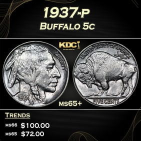 1937-p Buffalo Nickel 5c Grades ms65+