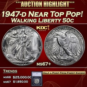 1947-d Walking Liberty Half Dollar Near Top Pop! 50c ms67+ SEGS