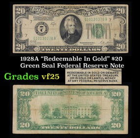 1928A $20 Green Seal Federal Reserve Note "Redeemable In Gold" Grades vf+
