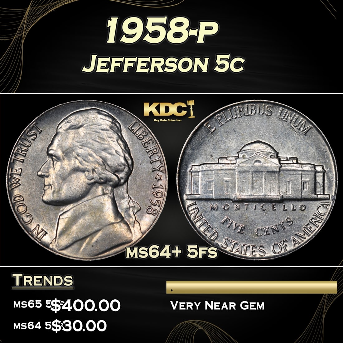 1958-p Jefferson Nickel 5c Grades ms64+ 5fs (1 of 3)