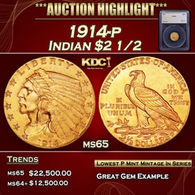 1914-p Gold Indian Quarter Eagle $2 1/2 ms65 SEGS