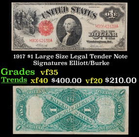 1917 $1 Large Size Legal Tender Note Grades vf++ Signatures Elliott/Burke