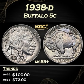 1938-d Buffalo Nickel 5c Grades ms65+