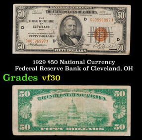 1929 $50 National Currency Federal Reserve Bank of Cleveland OH Grades vf++