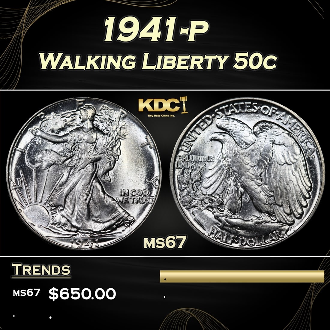 1941-p Walking Liberty Half Dollar 50c Grades ms67 (1 of 3)