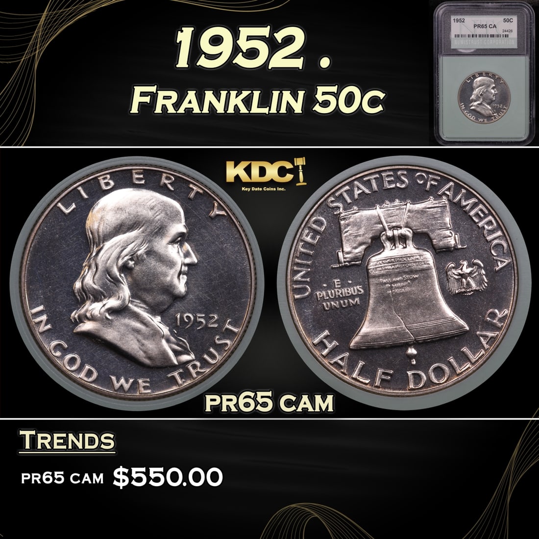 1952 Proof Franklin Half Dollar . 50c pr65 cam NTC (1 of 5)