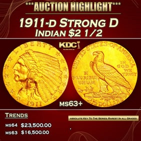 1911-d Strong D Gold Indian Quarter Eagle $2 1/2 ms63+ SEGS