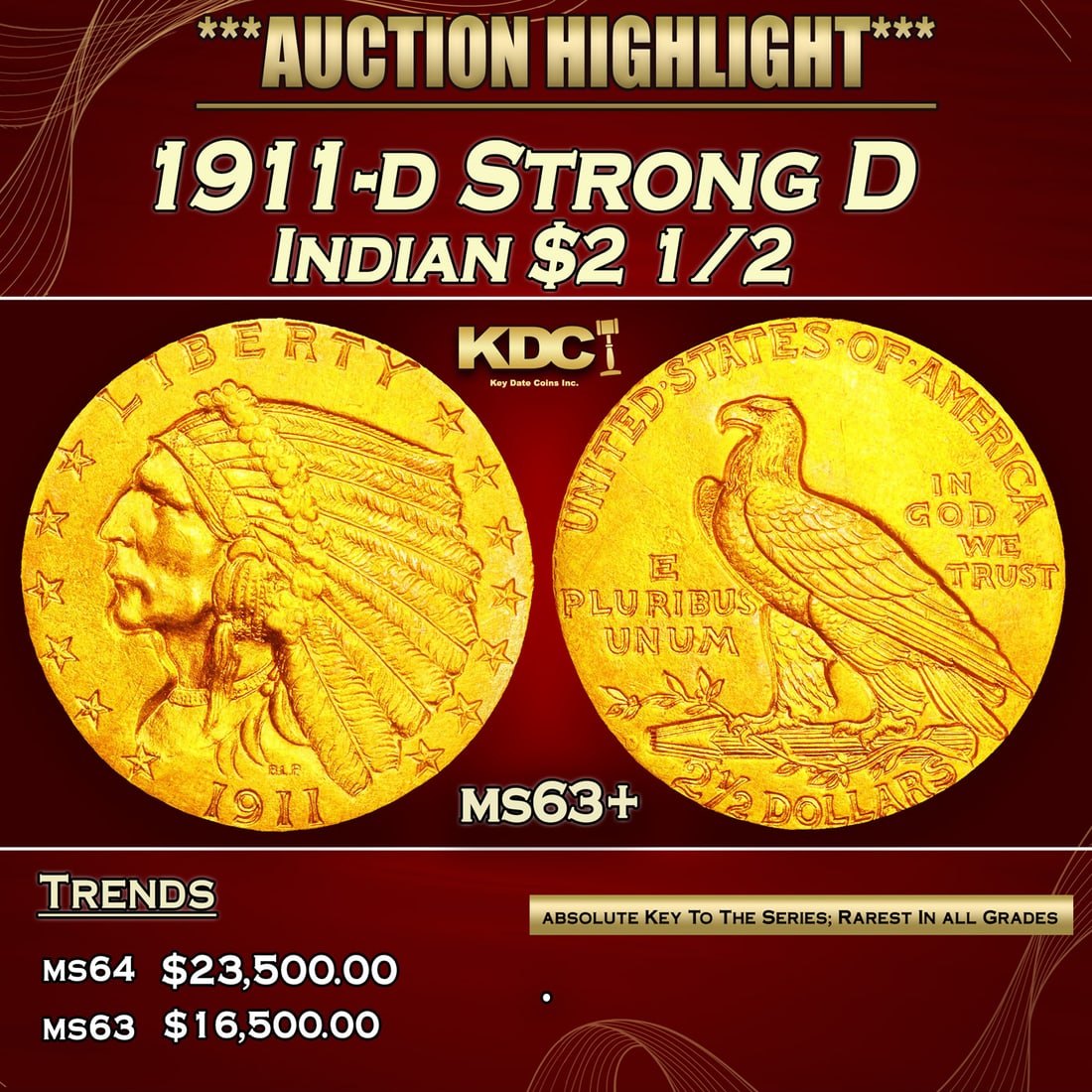 1911-d Strong D Gold Indian Quarter Eagle $2 1/2 ms63+ SEGS (1 of 3)