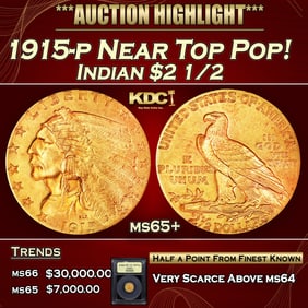 1915-p Gold Indian Quarter Eagle Near Top Pop! $2 1/2 ms65+ USCG