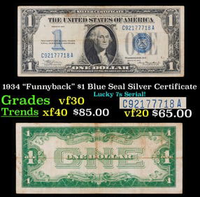 1934 $1 Blue Seal Silver Certificate "Funnyback" Grades vf++