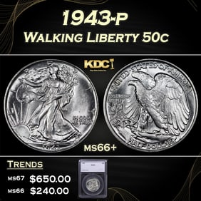 1943-p Walking Liberty Half Dollar 50c ms66+ SEGS