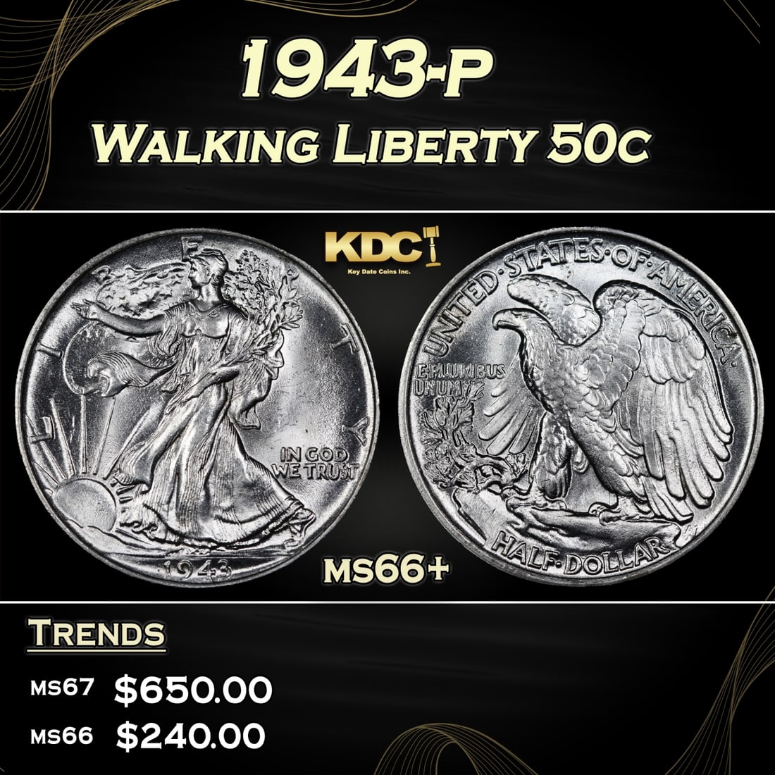 1943-p Walking Liberty Half Dollar 50c ms66+ SEGS (1 of 5)