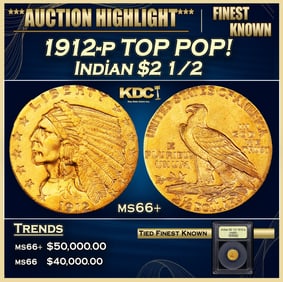 1912-p Gold Indian Quarter Eagle TOP POP! $2 1/2 ms66+ USCG