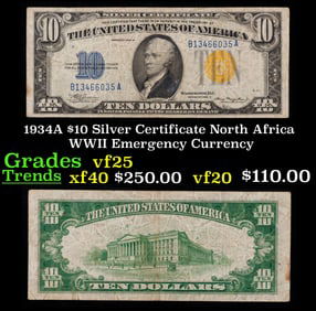 1934A $10 Silver Certificate North Africa WWII Emergency Currency Grades vf+