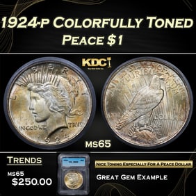 1924-p Peace Dollar Colrfully Toned $1 ms65 ICG