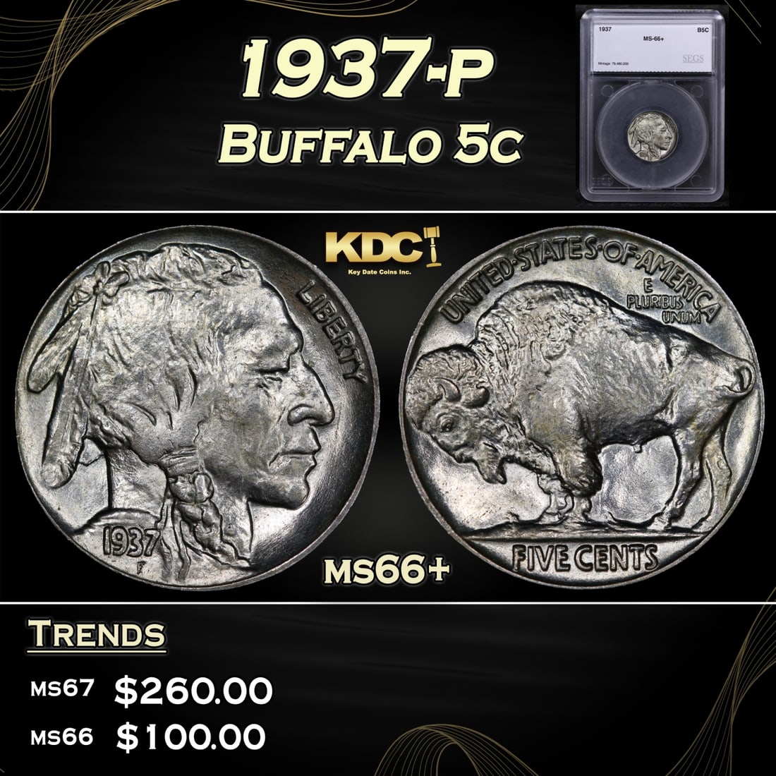 1937-p Buffalo Nickel 5c ms66+ SEGS: 1937-p Buffalo Nickel 5c ms66+ SEGS.