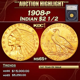 1908-p Gold Indian Quarter Eagle $2 1/2 ms65+ SEGS