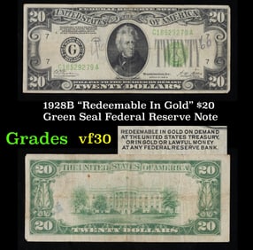 1928B $20 Green Seal Federal Reserve Note "Redeemable In Gold" Grades vf++