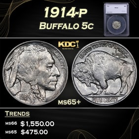 1914-p Buffalo Nickel 5c ms65+ SEGS