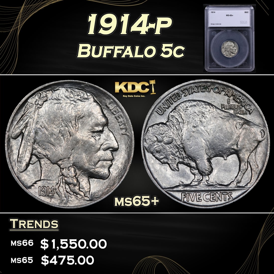 1914-p Buffalo Nickel 5c ms65+ SEGS (1 of 5)