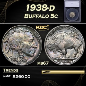 1938-d Buffalo Nickel 5c ms67 SEGS