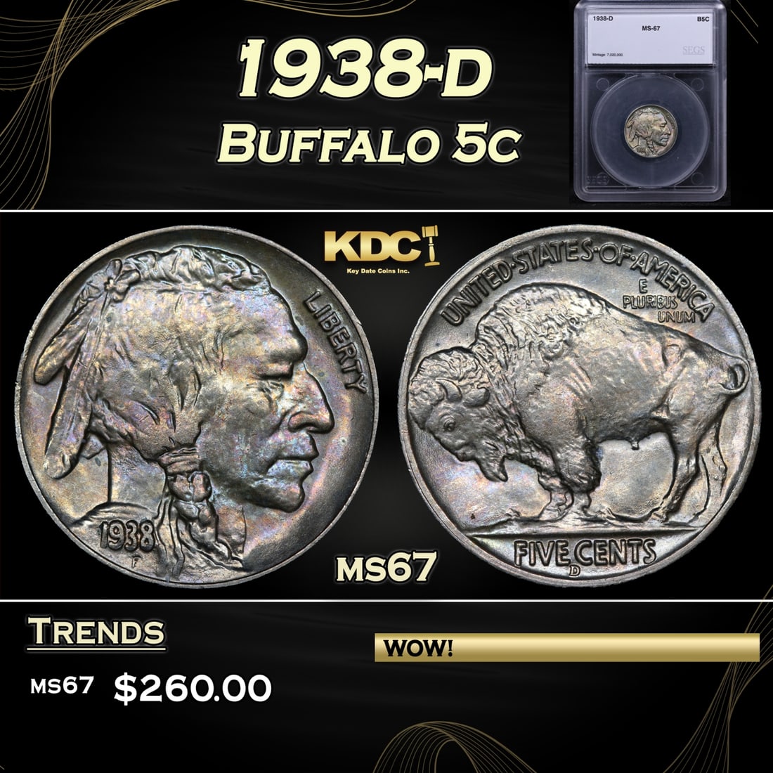 1938-d Buffalo Nickel 5c ms67 SEGS (1 of 5)