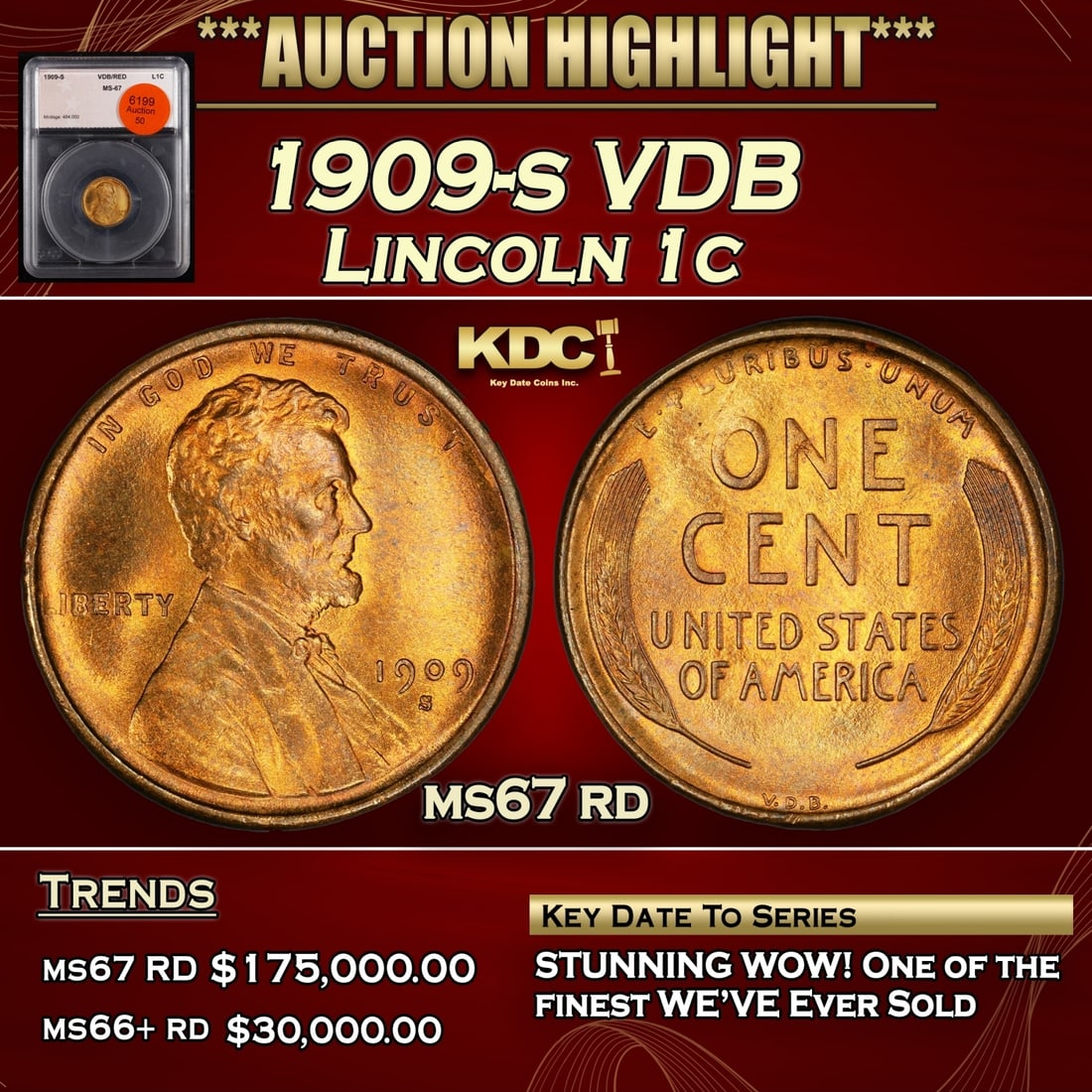 *Highlight* 1909-s VDB Lincoln Cent 1c ms67 rd SEGS (fc) (1 of 4)
