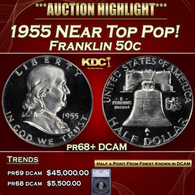 1955 Proof Franklin Half Dollar NEar Top Pop! 50c pr68+ DCAM SEGS