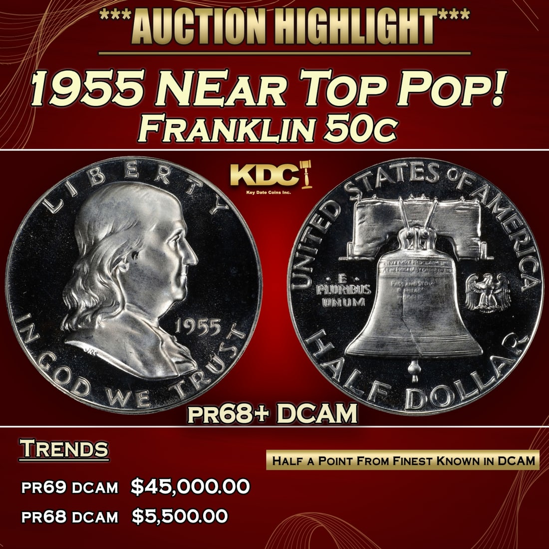 1955 Proof Franklin Half Dollar NEar Top Pop! 50c pr68+ DCAM SEGS (1 of 5)