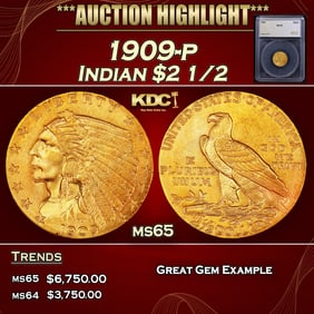 1909-p Gold Indian Quarter Eagle $2 1/2 ms65 SEGS