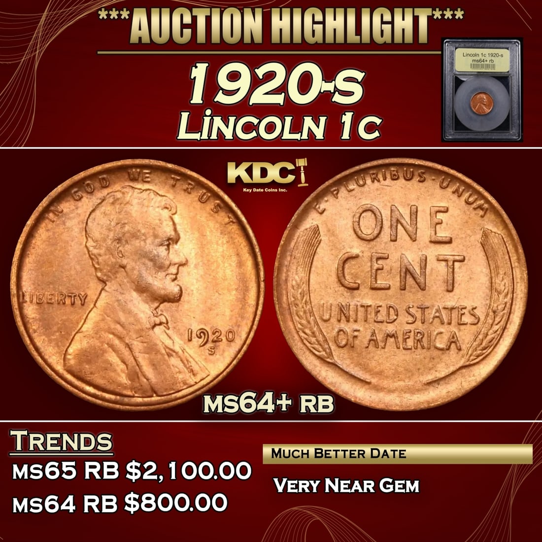 1920-s Lincoln Cent 1c ms64+ rb USCG (1 of 5)