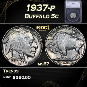 1937-p Buffalo Nickel 5c ms67 SEGS