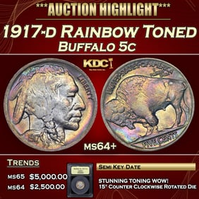 1917-d Buffalo Nickel Rainbow Toned 5c ms64+ USCG
