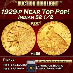 1929-p Gold Indian Quarter Eagle Near Top Pop! $2 1/2 ms66 SEGS