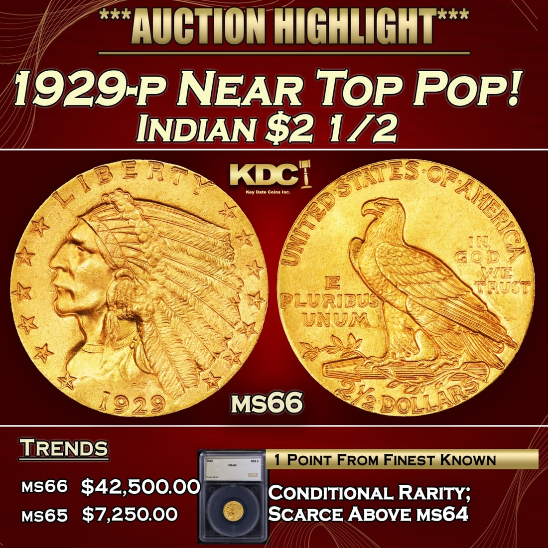 1929-p Gold Indian Quarter Eagle Near Top Pop! $2 1/2 ms66 SEGS (1 of 5)