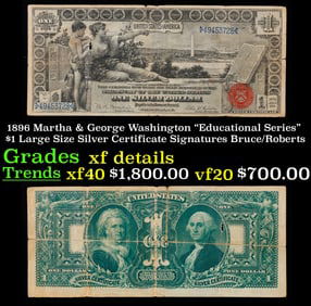 1896 $1 large size Silver Certificate Martha & George Washington "Educational Series" Grades xf