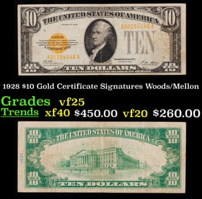1928 $10 Gold Certificate Signatures Woods/Mellon Grades vf+