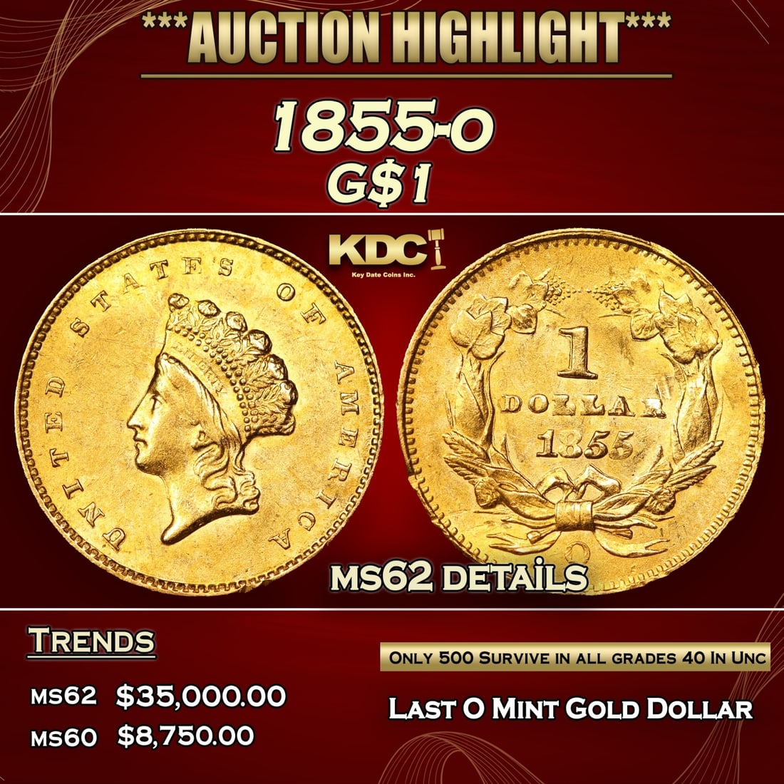 1855-o Gold Dollar 1 ms62 details SEGS (1 of 5)